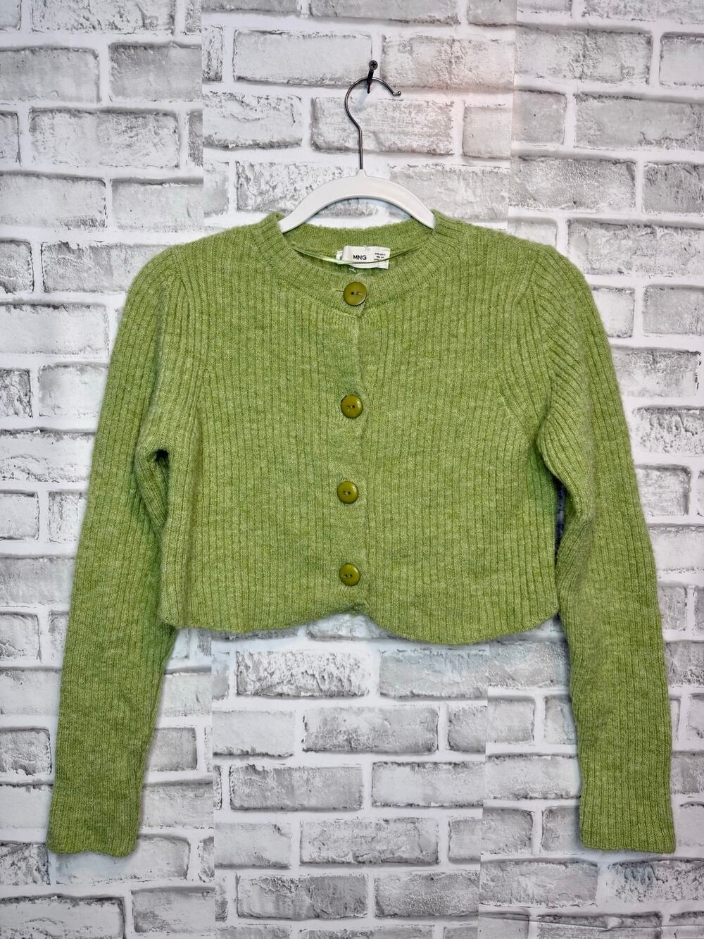 MNG Mango Green Rib Knit Cropped Cardigan Sweater Women's S Y2K Button Front